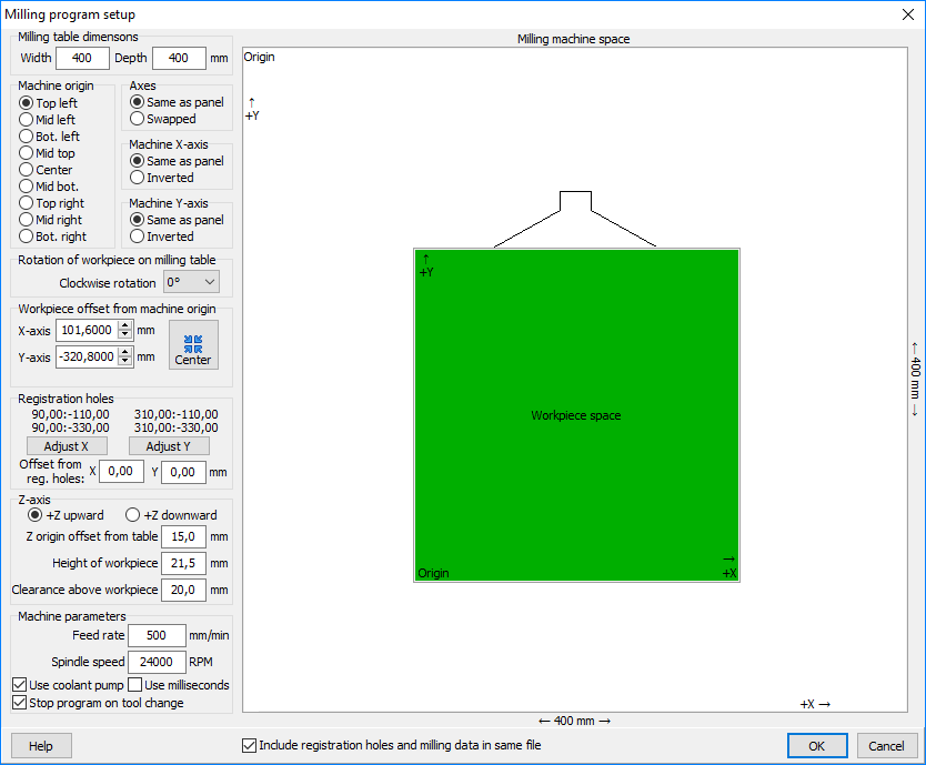 Milling program setup dialog box