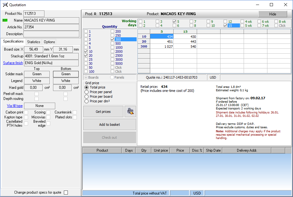 Online prices and ordering module